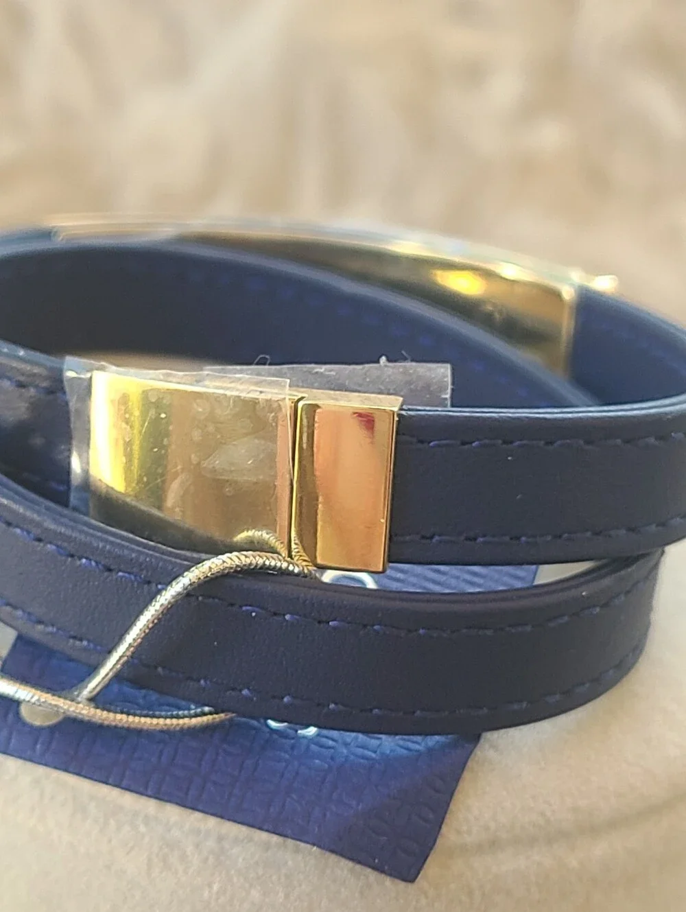 Swarovski Vio Navy Leather Bracelet Double Wrap Gold Plated 5120752-Like New